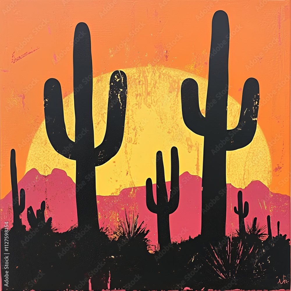 Wall mural serene desert scene with cacti at sunset
