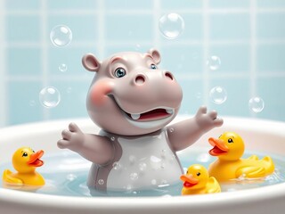 A whimsical baby hippo with a snarky expression enjoying bubbles and rubber ducks in a vibrant, colorful bathroom setting, bath time, playful