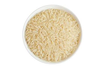 rice basmati in a ceramic bowl isolated on white background. Top view. Flat lay