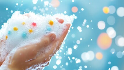 Fototapeta premium Gentle hand cleanliness and hygiene with colorful soap bubbles in soft focus