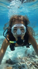 Naklejka premium A portrait of a girl underwater and air bubbles, capturing the beauty and weightlessness of the underwater world