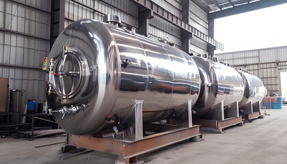 Naklejka premium Steel tanks for beer fermentation in brewhouse