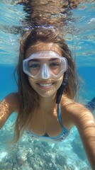 Fototapeta premium A portrait of a girl underwater and air bubbles, capturing the beauty and weightlessness of the underwater world
