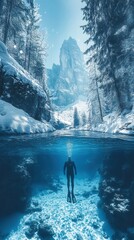 Freediver exploring underwater serenity beneath a snowy forest landscape with towering mountain cliffs and clear blue water