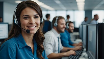 A brunette businesswoman with headphones takes calls at her desk, showcasing teamwork and corporate communication skills. The contemporary workspace enhances her role as a service expert.