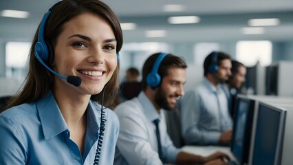 A cheerful brunette employee manages customer inquiries in a vibrant call center. Her headset and approachable demeanor make her a model of effective service and teamwork.