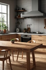 Rustic kitchen interior showcasing wooden table and blurred kitchen utensils