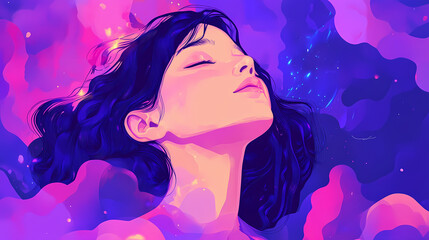 Colorful illustration of a beautiful young girl daydreaming and imagining. generative ai. Reverie. Illustration