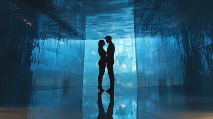Silhouetted couple embracing in a futuristic blue room.