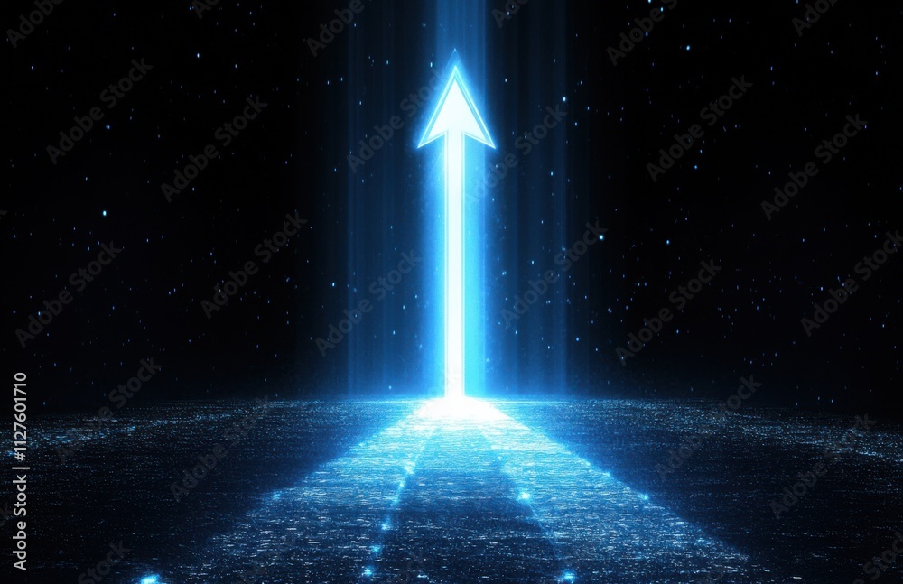 Aufkleber a glowing blue arrow pointing up and to the right on a black background, with a glowing light at the