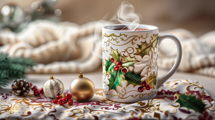 Beautifully decorated mug of hot cocoa, steaming and cozy with holly leaves and berries patterned around the rim and handle, set on an elegant Christmas tablecloth adorned with small red ornaments