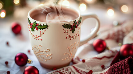 Beautifully decorated mug of hot cocoa, steaming and cozy with holly leaves and berries patterned around the rim and handle, set on an elegant Christmas tablecloth adorned with small red ornaments
