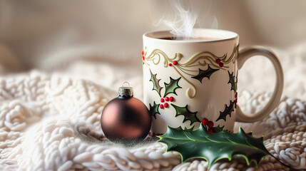 Beautifully decorated mug of hot cocoa, steaming and cozy with holly leaves and berries patterned around the rim and handle, set on an elegant Christmas tablecloth adorned with small red ornaments