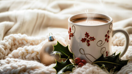 Beautifully decorated mug of hot cocoa, steaming and cozy with holly leaves and berries patterned around the rim and handle, set on an elegant Christmas tablecloth adorned with small red ornaments