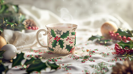 Beautifully decorated mug of hot cocoa, steaming and cozy with holly leaves and berries patterned around the rim and handle, set on an elegant Christmas tablecloth adorned with small red ornaments