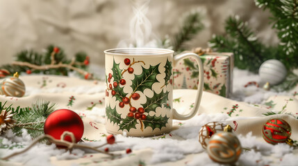 Beautifully decorated mug of hot cocoa, steaming and cozy with holly leaves and berries patterned around the rim and handle, set on an elegant Christmas tablecloth adorned with small red ornaments