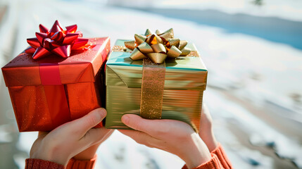 Close-Up of Hands Holding Gift Boxes. A close-up photo of hands holding beautifully wrapped Christmas gift boxes, with festive bows and ribbons, set against a blurred holiday background