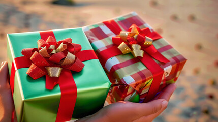 Close-Up of Hands Holding Gift Boxes. A close-up photo of hands holding beautifully wrapped Christmas gift boxes, with festive bows and ribbons, set against a blurred holiday background
