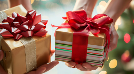 Close-Up of Hands Holding Gift Boxes. A close-up photo of hands holding beautifully wrapped Christmas gift boxes, with festive bows and ribbons, set against a blurred holiday background