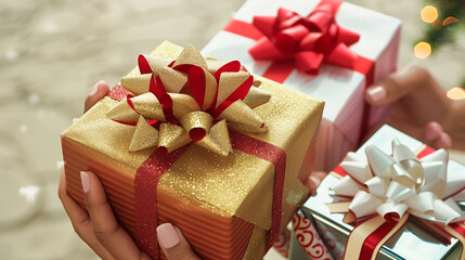 Close-Up of Hands Holding Gift Boxes. A close-up photo of hands holding beautifully wrapped Christmas gift boxes, with festive bows and ribbons, set against a blurred holiday background