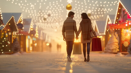 Couple Holding Hands with Shopping Bags. A couple holding hands and carrying shopping bags while walking down a decorated street with lights and holiday decor