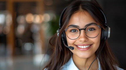 Cheerful call center agent in headphones offering customer support in professional environment