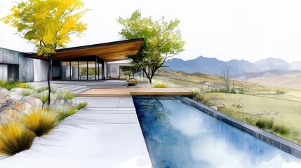 Luxurious exterior design patio, amber and sage green and swimming pool. open space, partial sketch design blueprint