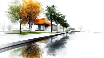 Luxurious exterior design patio, amber and sage green and swimming pool. open space, partial sketch design blueprint