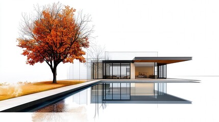 Fototapeta premium Luxurious exterior design patio, amber and sage green and swimming pool. open space, partial sketch design blueprint