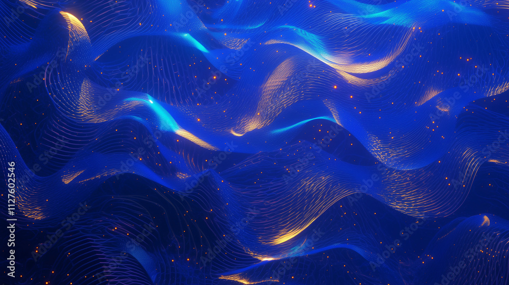Wall mural abstract digital artwork of flowing blue waves with golden glowing particles creating an ethereal an