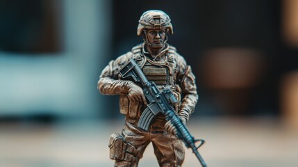 A meticulously detailed and lifelike miniature soldier figurine holding a rifle, showcasing realistic military gear and an intense expression, perfect for collectors and hobby enthusiasts.