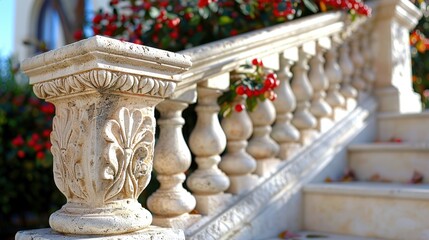 Fototapeta premium An intricately designed stone balustrade adorned with ornamental detailing and vibrant floral arrangements in a picturesque outdoor setting