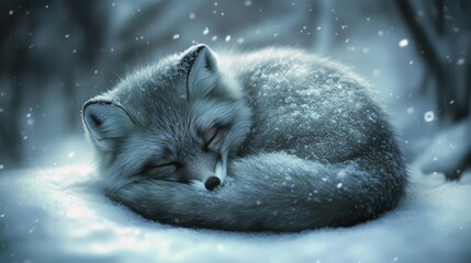 Sleeping arctic fox in snowy forest.