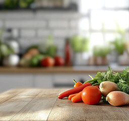 Vegetables on wooden surface, blurred background, close-up, space for text