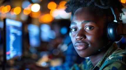 Smiling call center agent with headphones delivering customer support in a professional workspace