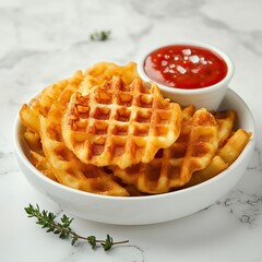 Crispy waffle fries in white plate,close up,space for text