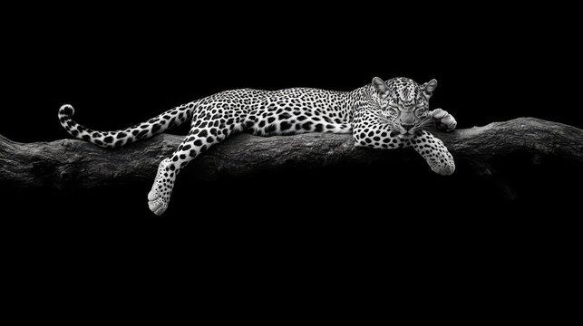 Sleeping leopard on branch, black and white.