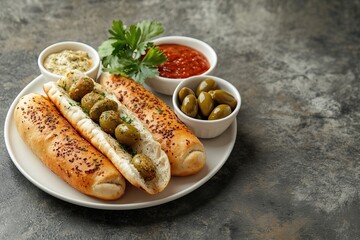 Shaped breads with olives and dips on white plate, blurred background,space for text, close up