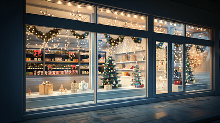Decorated Store Windows at Night. A beautifully decorated store window showcasing holiday displays, with twinkling lights and festive decor, photographed in the evening