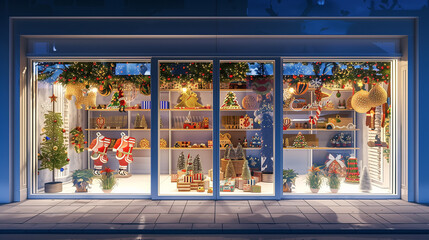 Decorated Store Windows at Night. A beautifully decorated store window showcasing holiday displays, with twinkling lights and festive decor, photographed in the evening