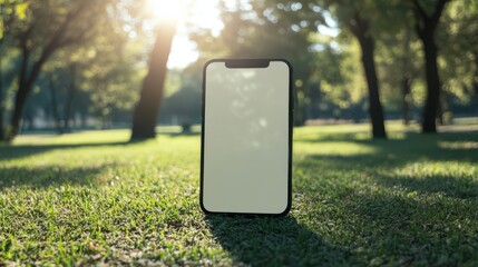 Smartphone with blank screen on grass in park.