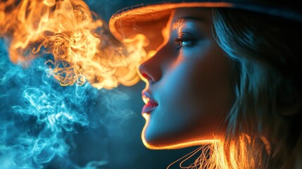 Artistic portrait of a woman surrounded by fire and smoke effects