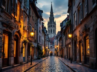 Fototapeta premium Charming cobblestone street illuminated by vintage lamps at twilight with a stunning cathedral rising in the background