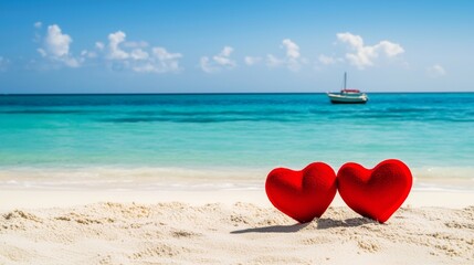 Fototapeta premium Two red hearts stand on a white sand beach with turquoise water and a sailboat in the distance, representing love, romance, and a perfect honeymoon destination