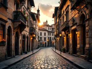 Fototapeta premium Twilight casts a golden glow over the cobblestone streets of a charming European village, illuminating historic buildings and creating a serene atmosphere