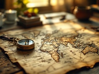 Exploring the ancient paths of discovery with a compass resting on an exquisitely detailed world map illuminated by soft, warm light