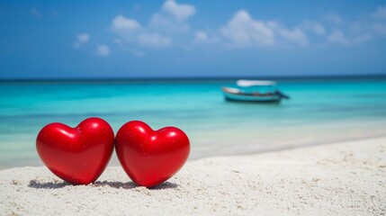 Fototapeta premium Two vibrant red hearts resting on a pristine white sand beach evoke feelings of romance, with a stunning turquoise ocean and a boat softly blurred in the background