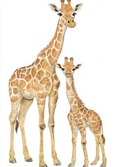 Obraz premium Watercolor painting of a mother giraffe standing protectively with her young calf, showcasing the beauty and tenderness of wildlife on a clean white background