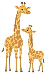 Fototapeta premium Two friendly cartoon giraffes, an adult and a calf, are standing side by side on a plain white background, creating a charming and simple scene