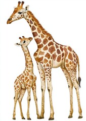 Fototapeta premium Watercolor painting depicts a mother giraffe and her calf standing side by side, showcasing the beauty and tenderness of their bond against a clean white backdrop